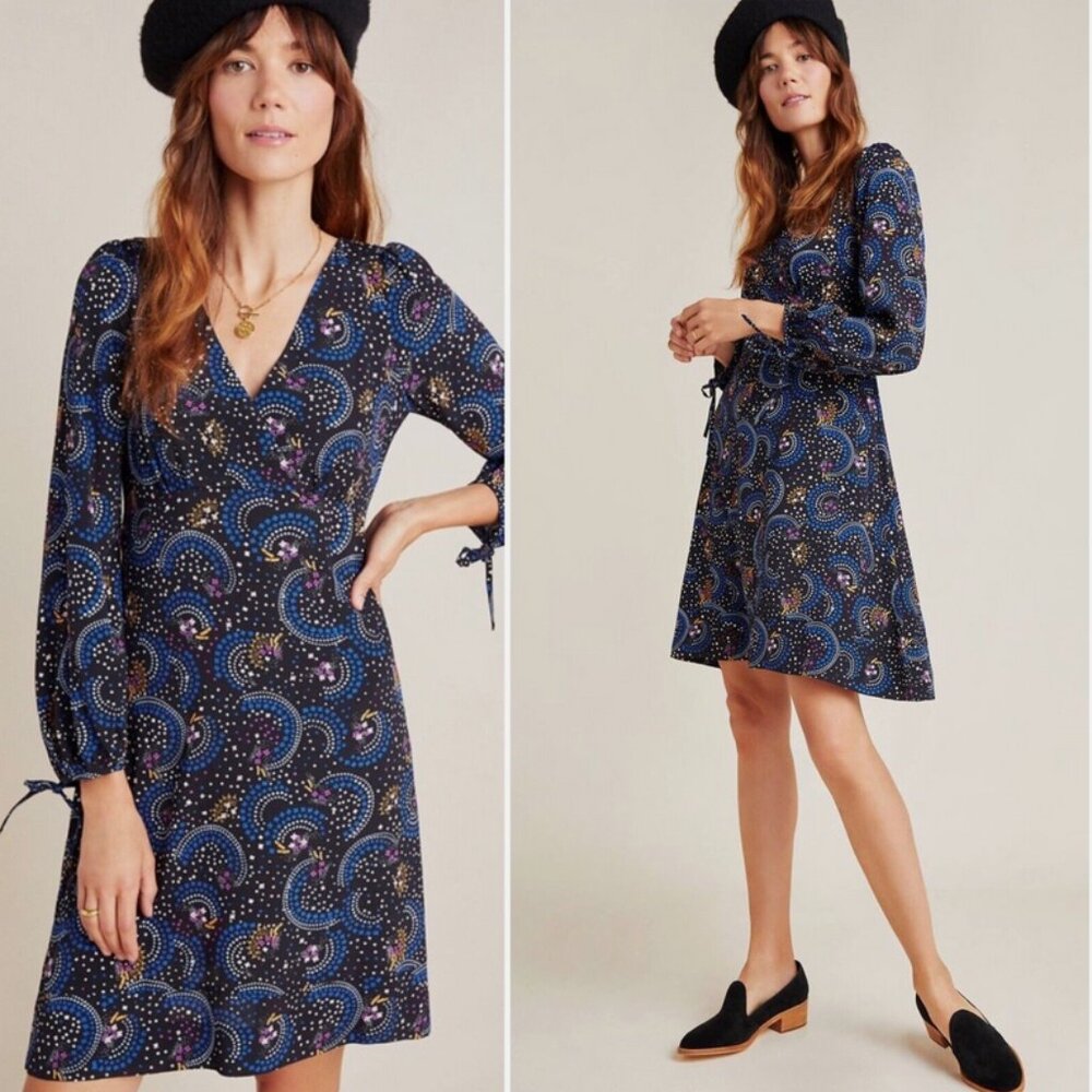 ✨ Maeve Gianna Celestial Swirl Star Print Blue Dress Lantern Sleeves Size 8